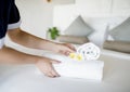 Housekeeper cleaning a hotel room Royalty Free Stock Photo