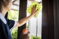Housekeeper cleaning a hotel room Royalty Free Stock Photo