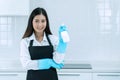 Housekeeper concept. Professional woman wearing aprons and rubber protective blue gloves holding bottle cleaners in the Royalty Free Stock Photo