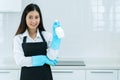 Housekeeper concept. Professional woman wearing aprons and rubber protective blue gloves holding bottle cleaners in the Royalty Free Stock Photo