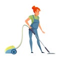 Housekeeper with hoover flat vector illustration. Smiling female cleaner in apron cartoon character. Young chambermaid