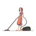 Housekeeper or housewife makes home cleaning with a vacuum cleaner. Flat character isolated on white background. Vector