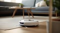 Housekeeping automated vacuum robot machine on floor in modern living room for autonomy of household concepts