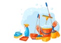 Housekeeping background with cleaning items. Royalty Free Stock Photo