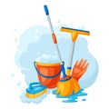 Housekeeping background with cleaning items. Royalty Free Stock Photo