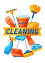 Housekeeping background with cleaning items.