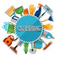 Housekeeping background with cleaning sticker icons. Image can be used on advertising booklets, banners, flayers Royalty Free Stock Photo