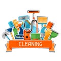 Housekeeping background with cleaning sticker icons. Image can be used on advertising booklets, banners, flayers Royalty Free Stock Photo