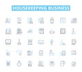 Housekeeping business linear icons set. Cleanliness, Sanitation, Tidiness, Scrubbing, Dusting, Vacuuming, Organization