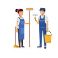 Housekeeping couple workers with tools characters