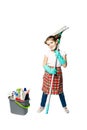 Housekeeping duties. Little girl in green rubber gloves ready for cleaning with with a mop and bucket. Mom`s assistant isolated o Royalty Free Stock Photo