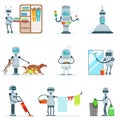 Housekeeping Household Robot Doing Home Cleanup And Other Duties Set Of Futuristic Illustration With Servant Android