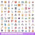 100 housekeeping icons set, cartoon style