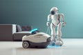 housekeeping robot maid working on a vacuum machine for autonomy of household concepts isolated on clean background ,Generative AI