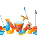 Housekeeping seamless pattern with cleaning items.