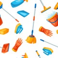 Housekeeping seamless pattern with cleaning items.