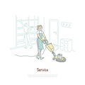 Housekeeping service, female housekeeper cleaning hotel room, apartment, housewife using vacuum cleaner banner