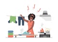 Housekeeping vector flat illustration. Multitasking woman cooking, ironing and speaking at phone vector flat