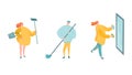 Housekeeping workers characters cleaning the house with bucketr, broom, mop and spray