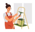 Housekeeping, Young woman housekeeper washes window glass, Sanitary services. Flat vector illustration.