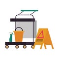 Housekepping cart with bucket and caution label