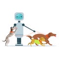 Housemaid android character walking dogs vector Illustration