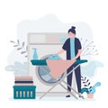 Housemaid ironing clothes on ironing board. Woman washed in washer and ironed textiles. Female character doing laundry Royalty Free Stock Photo