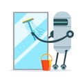 Housemaid robot character cleaning glass window with a squeegee and bucket vector Illustration