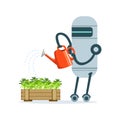 Housemaid robot character with watering can feeding plants vector Illustration