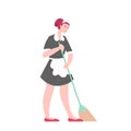 Housemaid in uniform sweeping floor brush