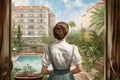 Housemaid woman hotel work. Generate Ai