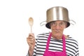 Houseman with pink apron and cooking pan on his hat