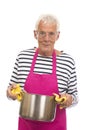 Houseman with pink apron and cooking pan Royalty Free Stock Photo