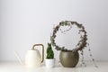 Houseplant and watering can. Minimal. Green and white