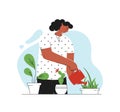 Houseplant care concept. Woman cultivate of indoor plants. Vector illustration