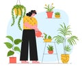 Houseplant care concept. Woman cultivate of indoor plants. Vector illustration