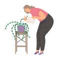 Houseplant care, woman with watering can for flowers. Room gardening hobby, moistening of foliage. Cartoon vector