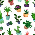 Houseplant in Ceramic Pots Growing Indoors Vector Seamless Pattern