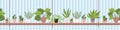 Houseplant in pot on the shelf in cartoon style. Vector seamless border with potted plant and cactus in flat design. Royalty Free Stock Photo