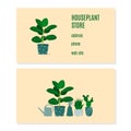 Houseplant store bisiness card. Cactus, rubber plant, aloe and watering can. Florarium, home garden, greenhouse
