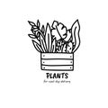 Houseplants in a box delivery doodle logo. Hand drawn illustration. Monstera, sansevieria and cactus