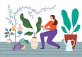 Houseplants Care vector illustration. Young woman carefully sprays plants in house.