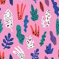 Houseplants flat hand drawn seamless pattern