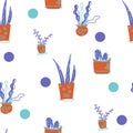 Houseplants flat hand-drawn seamless pattern. Vector for fabric