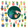 Houseplants icons and Hand holding Spray Bottle