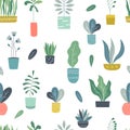 Houseplants seamless pattern. Abstract geometric indoor flowerpots with garden plants and succulents. Vector plants