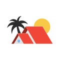 Cottage house roof top, sun and palm tree. Flat style. Isolated. Real estate concept.