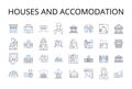 Houses and accomodation line icons collection. Residences, Dwellings, Homes, Apartments, Condos, Cottages, Bungalows