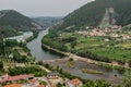 Agricultural fields in aerial view with Mondego river and weir, mountains in the horizon, Penacova PORTUGAL Royalty Free Stock Photo