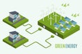 Houses with alternative Eco Green Energy, flat 3d web isometric infographic concept.